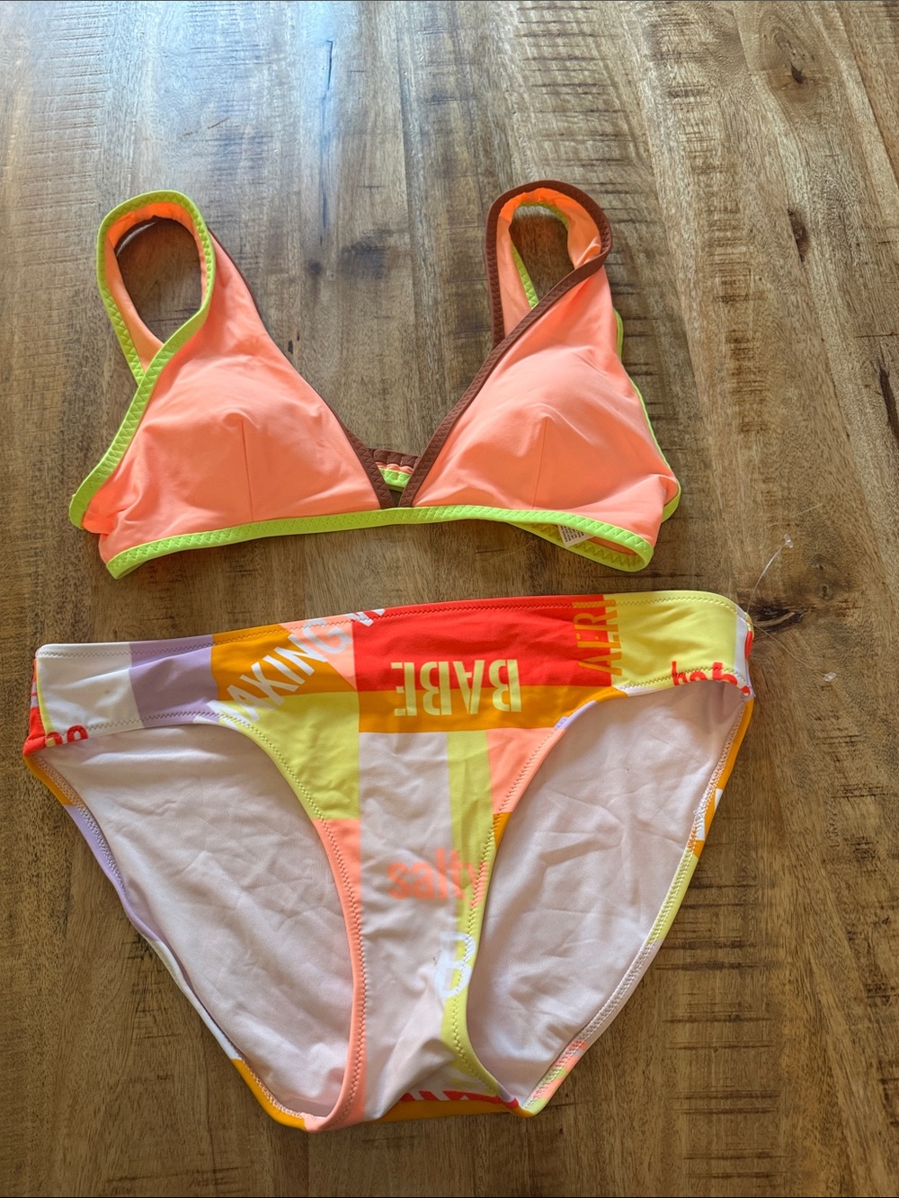 Aerie Neon “Babe” Coral Two-Piece Bikini Swim Set NEW LARGE / XL